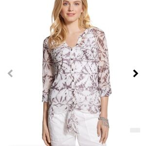 Chicos Blouse Womens 2 Large Brown Shibori Spot Tie Front Shirt Sheer Button Up